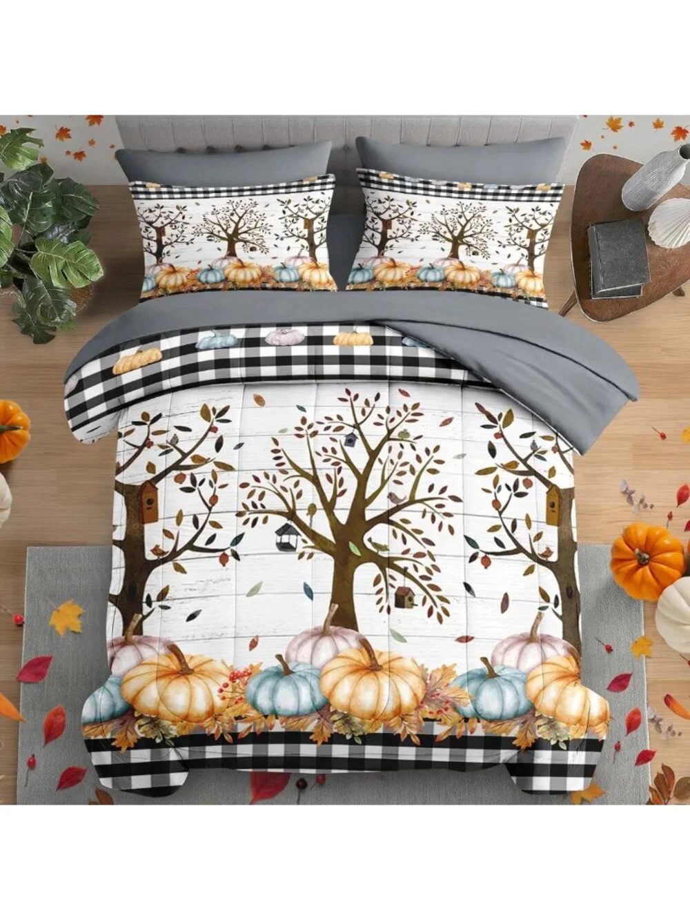 Cozy Queen Fall Comforter Set with Sheets, 7-Piece Thanksgiving Bedding Decor